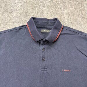 Z Zegna Polo Shirt Men XL Navy Blue Dark Wash Short Sleeve Contrasting Trim
